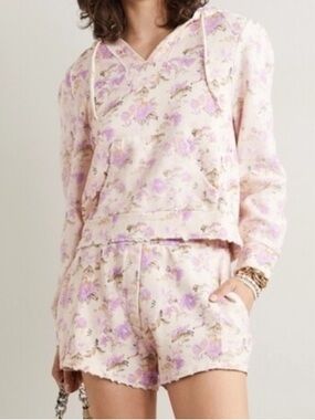 LoveShackFancy Cream Floral High-Waist Shorts with Lavender Print